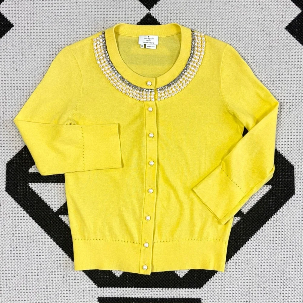 Kate Spade Tula Beaded Pearl & Rhinestone Cardigan in Lemon Yellow XS